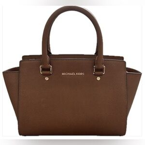Michael Kors Selma Saffiano Leather Medium Satchel in Cognac